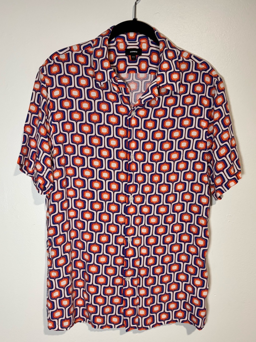 Express Men’s Short Sleeve Retro Geo Print Shirt - White/Orange/Blue